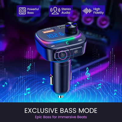 Bluetooth Car Adapter 48W PD&QC3.0 Bluetooth FM Transmitter with [Stronger Dual Mics & HiFi Deep Bass Sound]