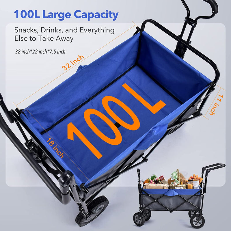 Heavy Duty Foldable Wagon Cart: Portable Utility Collapsible Wagon, All Terrain Wheels, 100L, 220 lbs