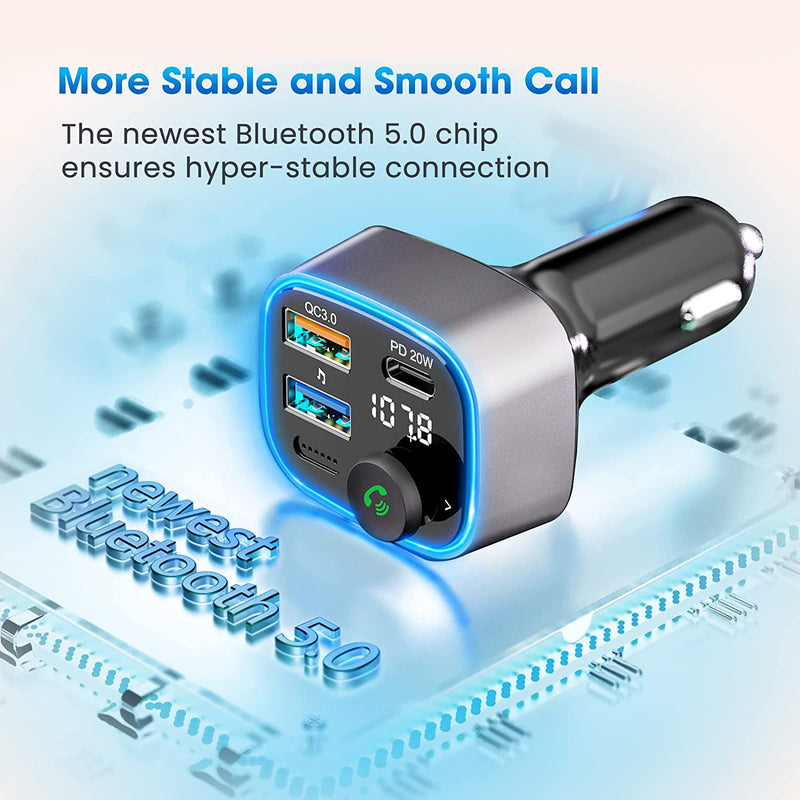 Bluetooth V5.0 Bluetooth FM Transmitter for Car, QC3.0 & PD 20W Wireless Radio Adapter