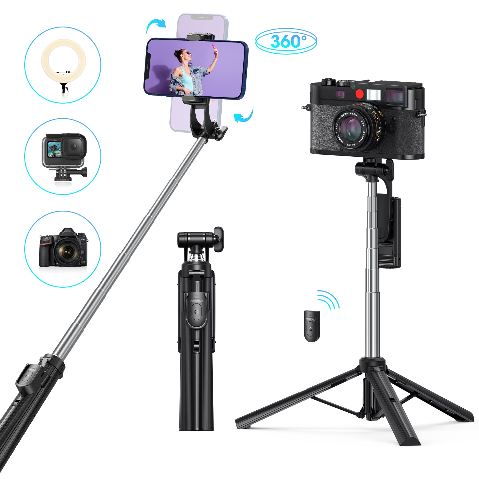 Mpow All in One Extendable Phone Tripod Stand with Bluetooth
