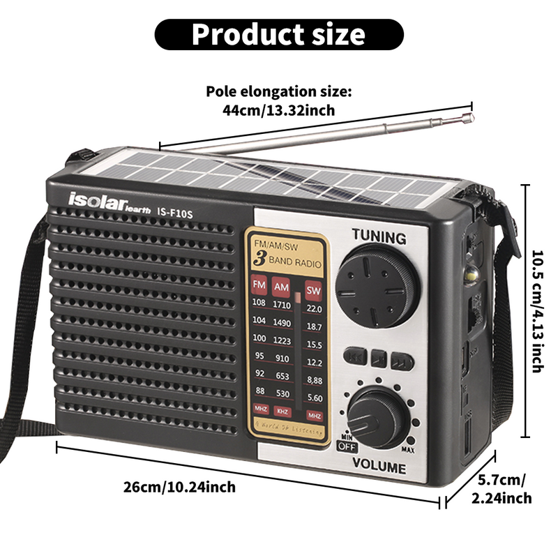 Mpow Multi-band radio with solar charging and lithium battery, Bluetooth speaker, and 3-inch speaker. A portable outdoor radio