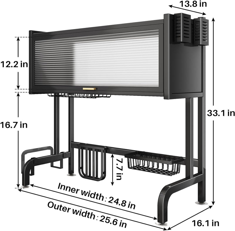 Mpow 65cm Long Drainer with Translucent Door and Complete Accessories for Kitchen Sinks: Large-Capacity Dish and Cutlery Drying Rack