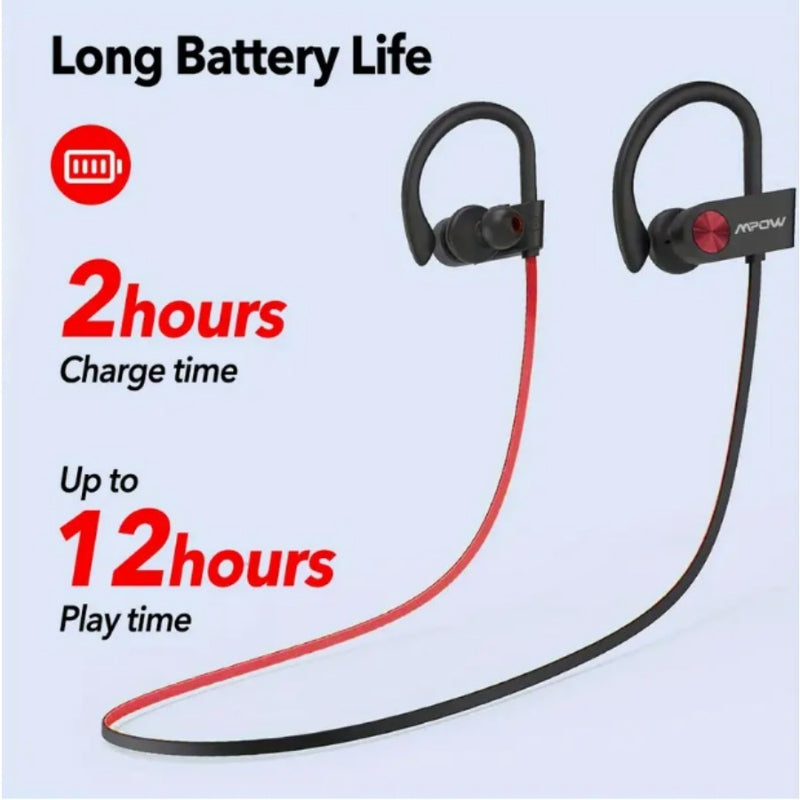 Mpow Bluetooth 5.3 Neckband Sports Earphones with Red and Black Cable Design, Glue-bonded Design, Button Controls, and 12-hour Battery Life