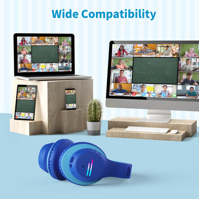 Kids Bluetooth Headphones, Colorful LED Lights Kids Headphones Wireless, 74/85/94dB Safe Volume, 90H Playtime, Fast Charging, Over Ear Toddler Headphones, Built-in Mic for School/Tablet/Airplane,Blue