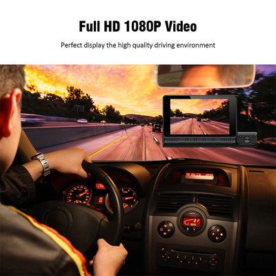 Mpow 4-inch 3-lens touchscreen dashcam with 1080P Full HD, 170° wide-angle, parking monitoring, low-light and night vision, and multiple languages
