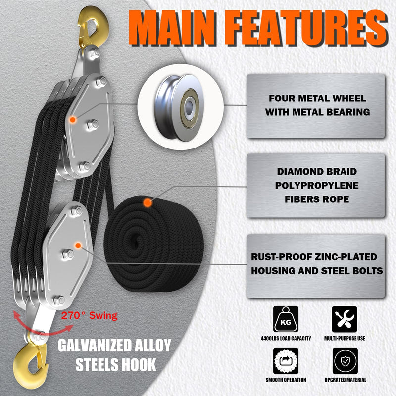 Mpow Rope-saving pulley set, 4 wheels, 20 meters (black rope), 2200 lb load capacity, metal bearings, diamond-braided polypropylene rope, rust-resistant galvanized casing, versatile application