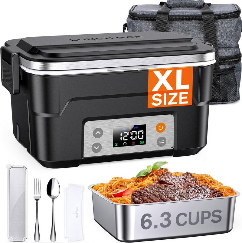 XL 6.3-Cup Cordless Electric Lunch Box for Adults, Heated Lunch Box for Men with Scheduled Heating, Portable Car Food Warmer with Utensils, Two-Tier Bag, Removable Divider