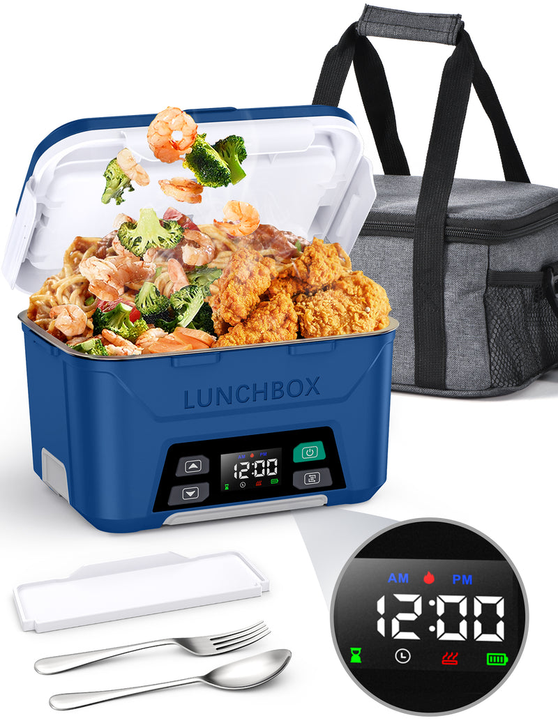Cordless Electric Lunch Box, Heated Lunch Box Battery Powered with Automatic Scheduled Heating, 5.5 Cups Capacity, with Removable Tray Divider, Dishwasher Safe, for Hot Meals Anywhere - Dark Blue
