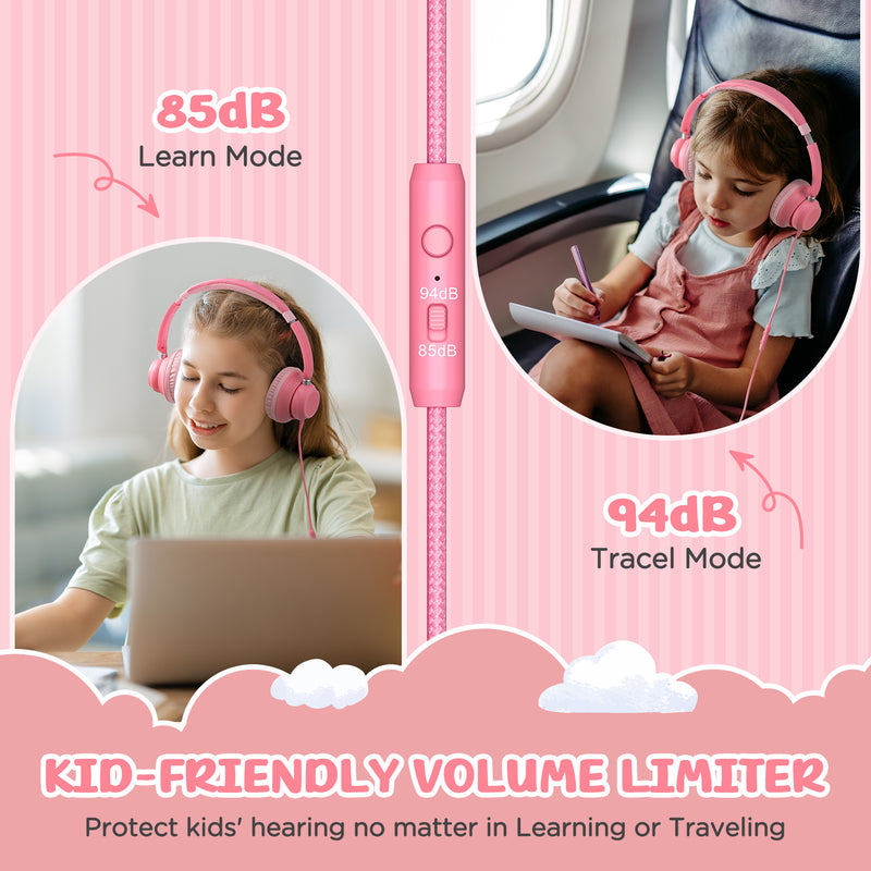 Mpow Kids Headphones with Microphone, 85/94dB Volume Limit, Foldable Over-Ear Stereo Headphones for for Girls & Toddlers, Pink