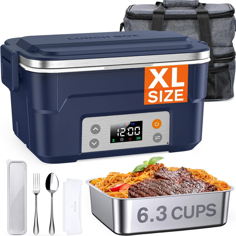 XL 6.3-Cup Cordless Electric Lunch Box for Adults, Heated Lunch Box for Men with Scheduled Heating, Portable Car Food Warmer with Utensils, Two-Tier Bag, Removable Divider