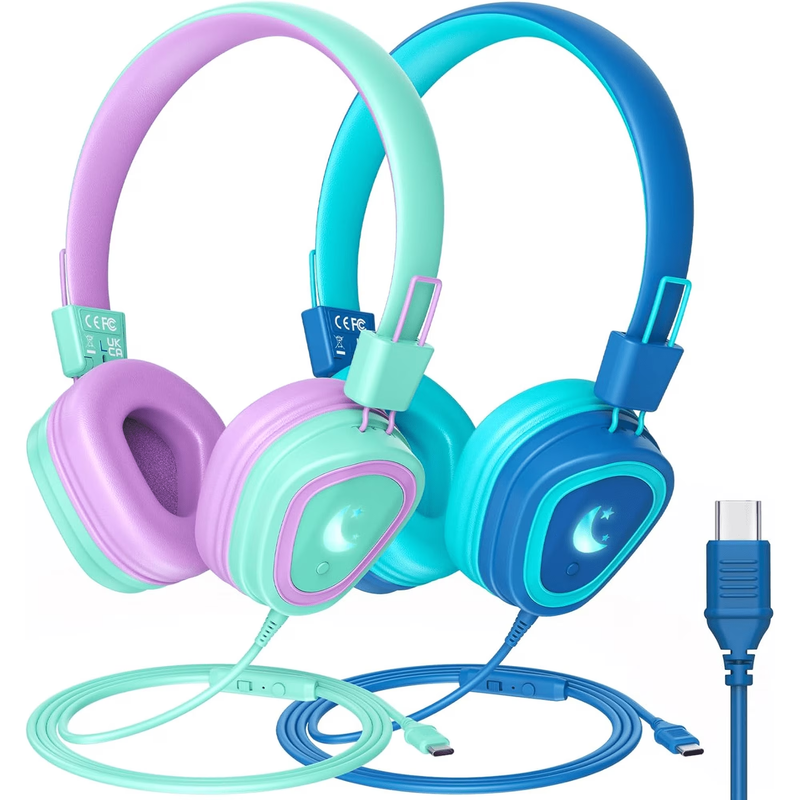 Mpow Kids Headphones with Microphone(2 Pack), Stereo Audio Share Volume Limit Foldable Adjustable Wired Headphones for Kids, Kids Headphones for School Tablet Airplane