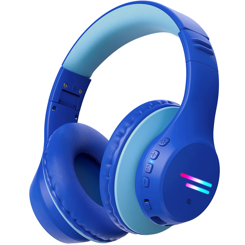 Kids Bluetooth Headphones, Colorful LED Lights Kids Headphones Wireless, 74/85/94dB Safe Volume, 90H Playtime, Fast Charging, Over Ear Toddler Headphones, Built-in Mic for School/Tablet/Airplane,Blue