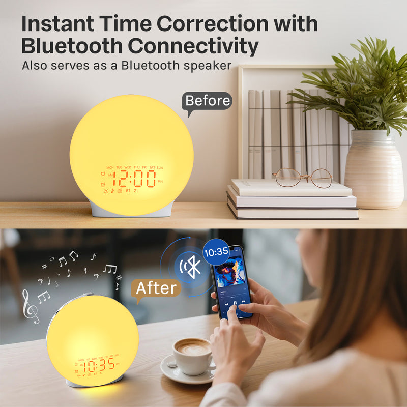 Mpow Wake up Light Sunrise Alarm Clock for Heavy Sleepers, Sleep Aid & Sound Machine, Sync Time with Bluetooth Connection, 25 Natural Sounds, Dual Alarms, 5-20min Snooze, FM Radio, Battery Backup