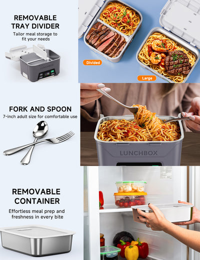 Cordless Electric Lunch Box, Heated Lunch Box Battery Powered with Automatic Scheduled Heating, 5.5 Cups Capacity, with Removable Tray Divider, Dishwasher Safe, for Hot Meals Anywhere