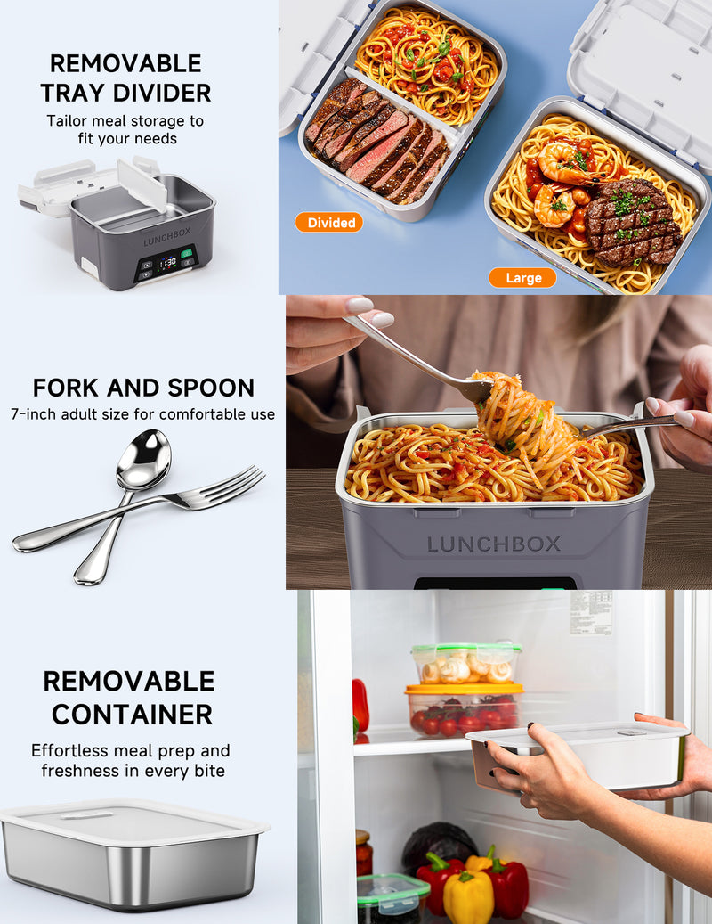 Cordless Electric Lunch Box, Heated Lunch Box Battery Powered with Automatic Scheduled Heating, 5.5 Cups Capacity, with Removable Tray Divider, Dishwasher Safe, for Hot Meals Anywhere