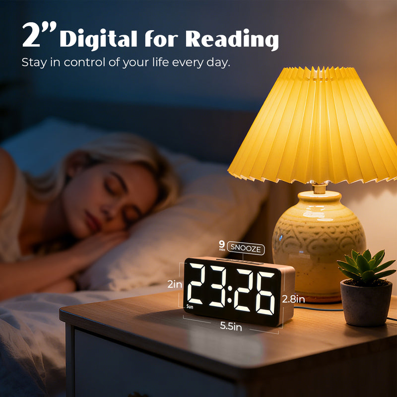 Wooden Alarm Clocks for Bedrooms, Digital Clock with Large Display, Desk Clock for Bedside, Super Loud for Heavy Sleepers, Power-Off Memory & Alarm, 4 Level Brightness +Off, Dual Alarm, 12/24H