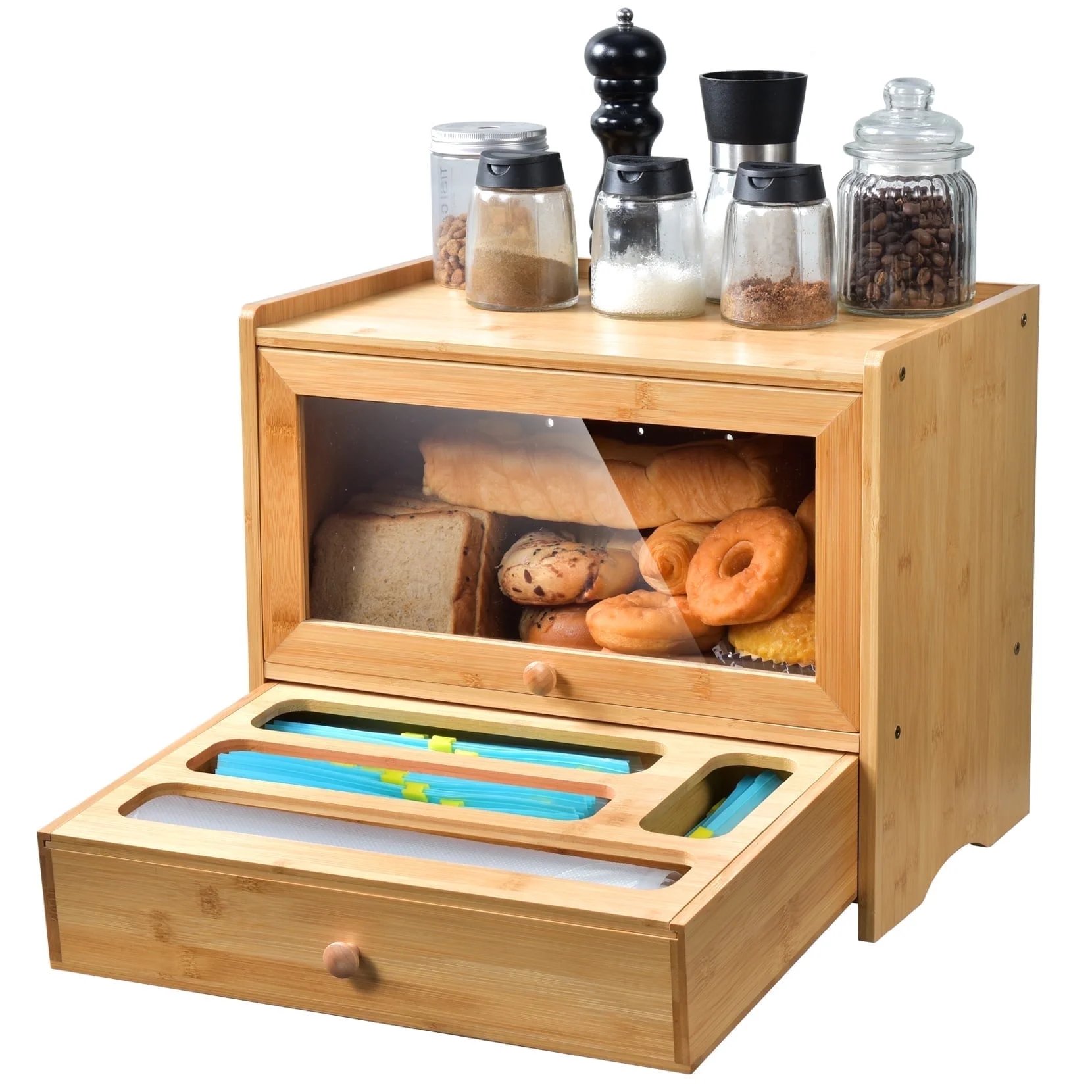 VicTsing Bamboo Bread Box, Corner Bread Box for Kitchen Countertop, Br ...