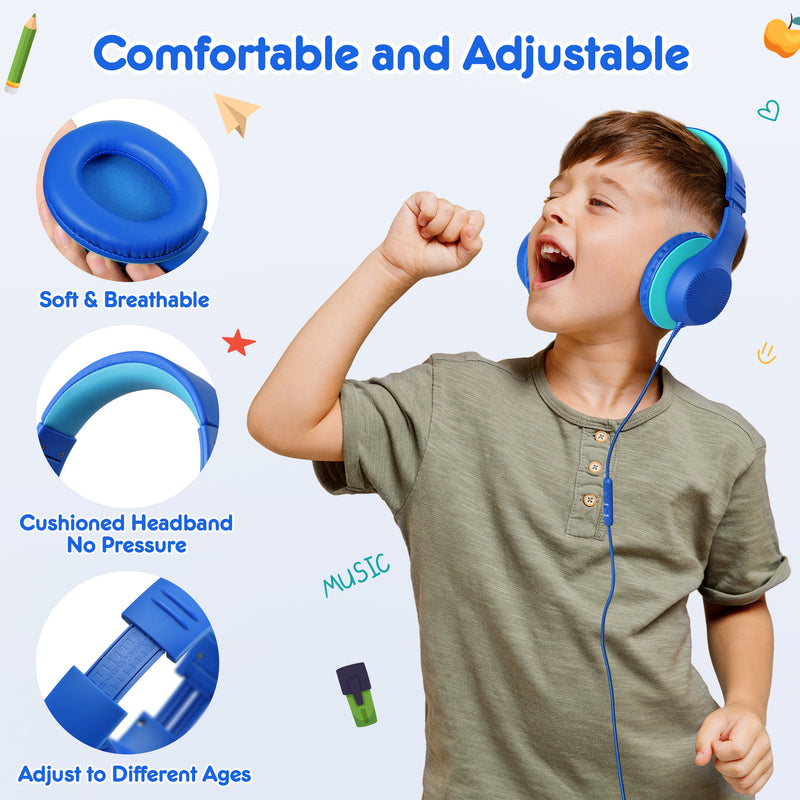 Mpow Kids Headphones with Microphone, 85/94dB Safe Volume Limit, over Ear Headphones for School Travel, Blue