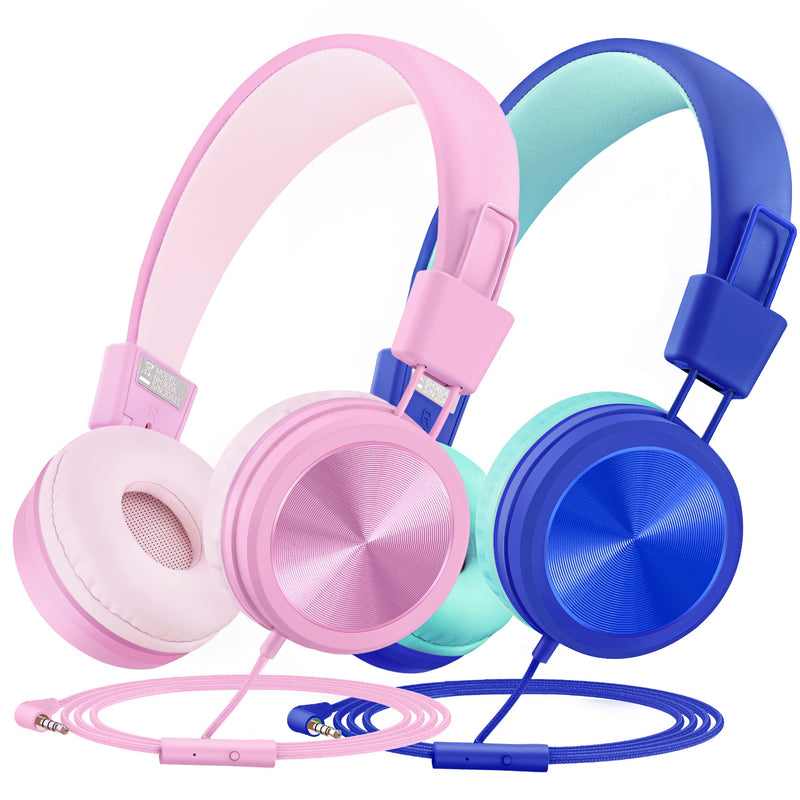 Mpow Kids Headphones with Microphone(2 Pack), Stereo Wired Headphones for Kids 91dB Volume Limited & Share Port, Foldable Adjustable Kids Headphones for School Tablet Airplane
