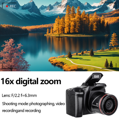 Mpow 16-megapixel camera with 16x digital zoom, 2.4-inch screen, 32GB memory card included, and multi-language support