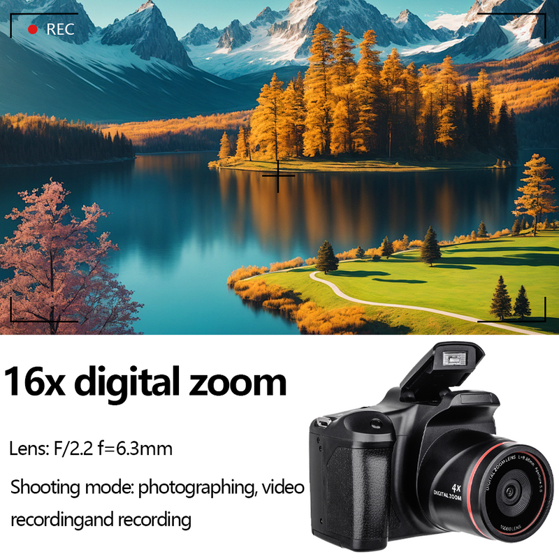 Mpow 16-megapixel camera with 16x digital zoom, 2.4-inch screen, 32GB memory card included, and multi-language support