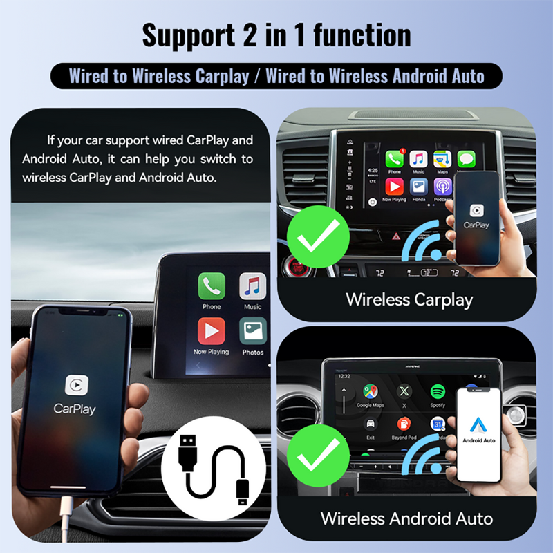 Mpow Wired to Wireless CarPlay/Android Auto Adapter: Plug-and-Play, 5.8GHz High-Speed Transmission, Compatible with Multiple Phones