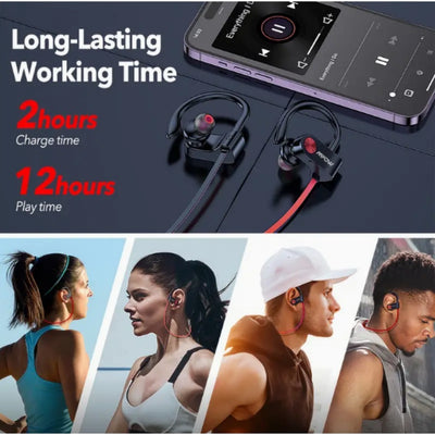 Mpow Bluetooth 5.3 Neckband Sports Earphones with Red and Black Cable Design, Glue-bonded Design, Button Controls, and 12-hour Battery Life