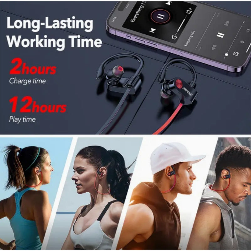 Mpow Bluetooth 5.3 Neckband Sports Earphones with Red and Black Cable Design, Glue-bonded Design, Button Controls, and 12-hour Battery Life