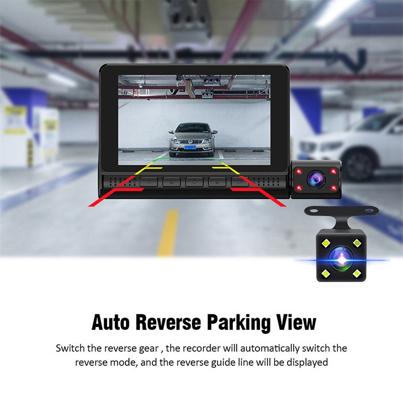 Mpow 4-inch 3-lens touchscreen dashcam with 1080P Full HD, 170° wide-angle, parking monitoring, low-light and night vision, and multiple languages