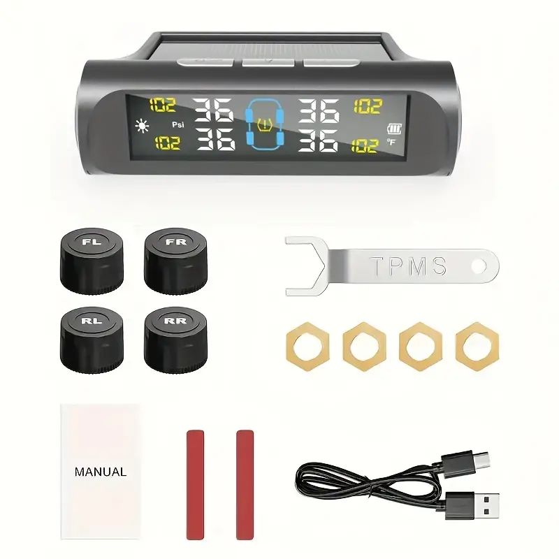 Mpow Solar-powered Car TPMS Tire Pressure Monitoring System with Wireless External Sensor and High-definition LCD for Dual Tire Pressure and Temperature Measurement