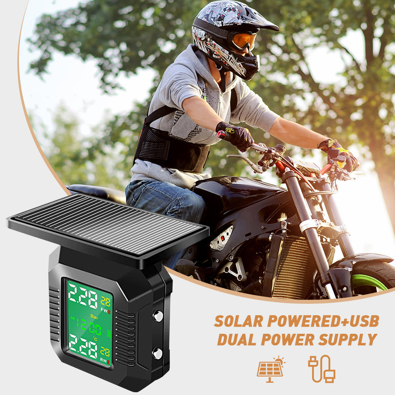 Mpow Motorcycle TPMS Tire Pressure Monitoring System - Wireless Solar Charging, 2 Sensors, LCD Display