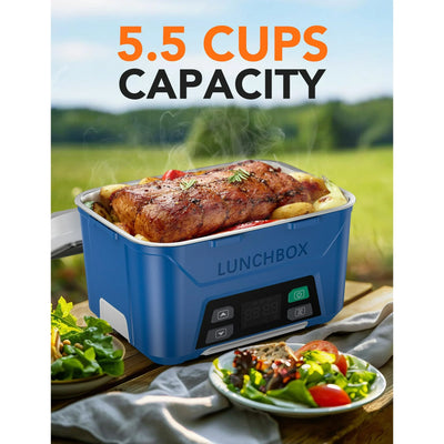 Cordless Electric Lunch Box, Heated Lunch Box Battery Powered with Automatic Scheduled Heating, 5.5 Cups Capacity, with Removable Tray Divider, Dishwasher Safe, for Hot Meals Anywhere - Dark Blue