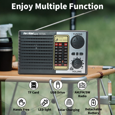 Mpow Multi-band radio with solar charging and lithium battery, Bluetooth speaker, and 3-inch speaker. A portable outdoor radio
