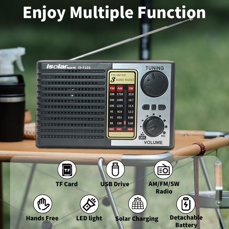 Mpow Multi-band radio with solar charging and lithium battery, Bluetooth speaker, and 3-inch speaker. A portable outdoor radio