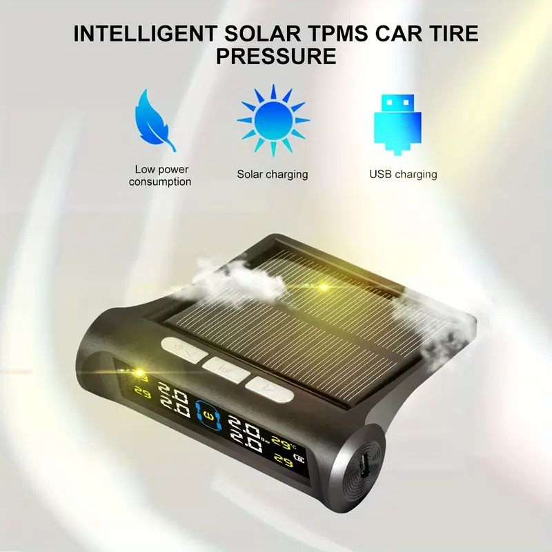 Mpow Solar-powered Car TPMS Tire Pressure Monitoring System with Wireless External Sensor and High-definition LCD for Dual Tire Pressure and Temperature Measurement
