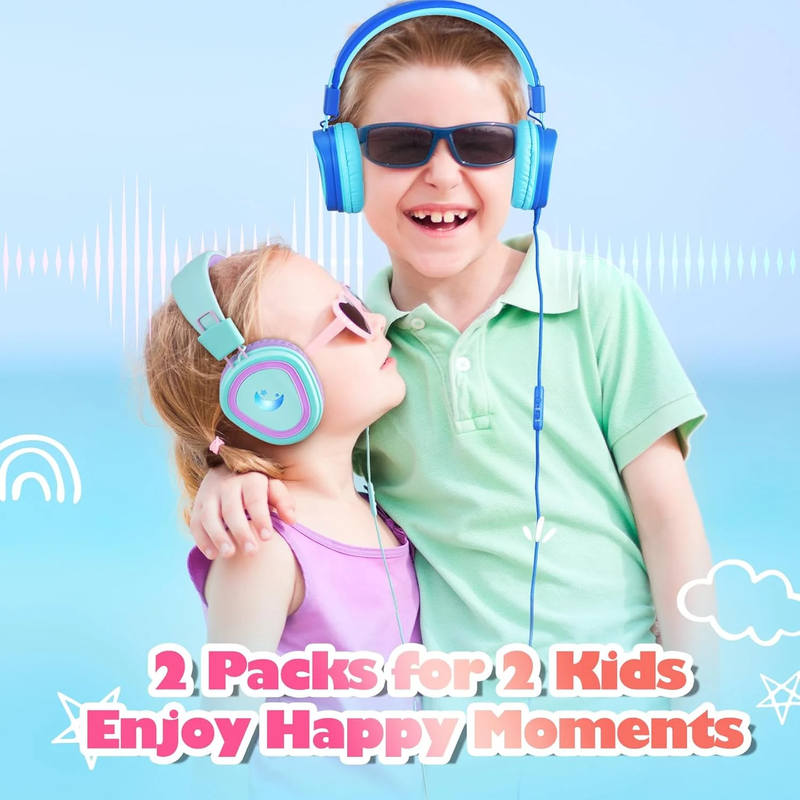 Mpow Kids Headphones with Microphone(2 Pack), Stereo Audio Share Volume Limit Foldable Adjustable Wired Headphones for Kids, Kids Headphones for School Tablet Airplane