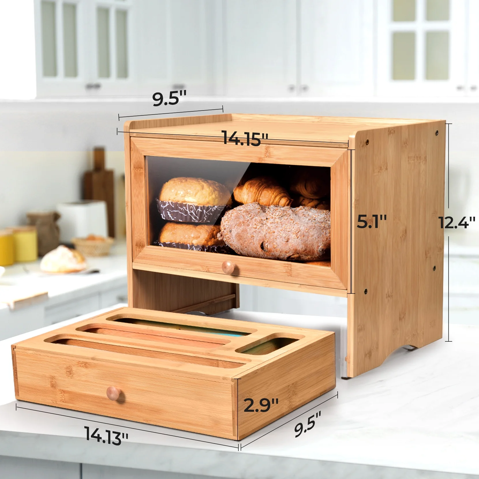 Powder Box Kitchen VicTsing Bamboo Bread Box, Corner Bread Box for Kitchen Countertop, Br ...