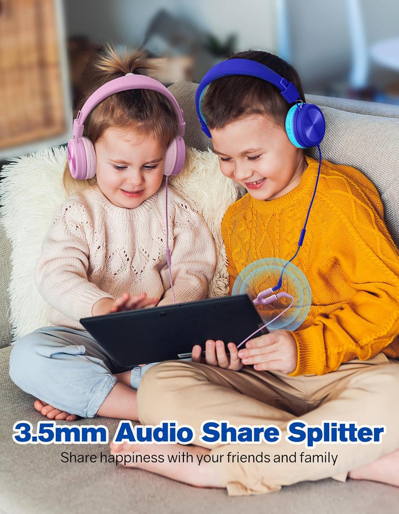 Mpow Kids Headphones with Microphone(2 Pack), Stereo Wired Headphones for Kids 91dB Volume Limited & Share Port, Foldable Adjustable Kids Headphones for School Tablet Airplane