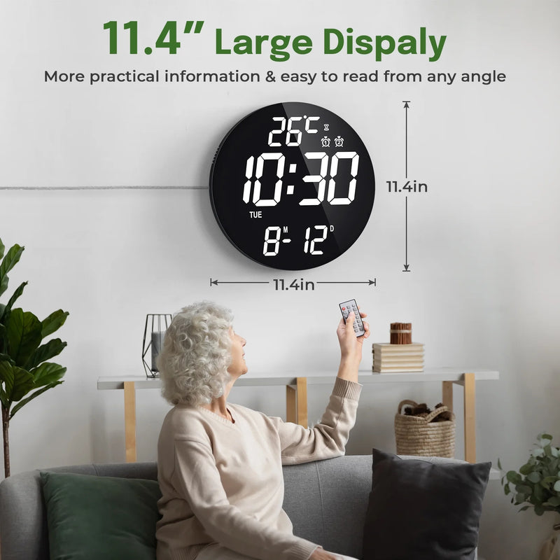 Mpow 11.4" Large Digital Wall Clock with Remote Control, Dual Alarms Adjustable Brightness, Digital Clock for Bedroom, Living Room, School, Garage, Gift for Elderly