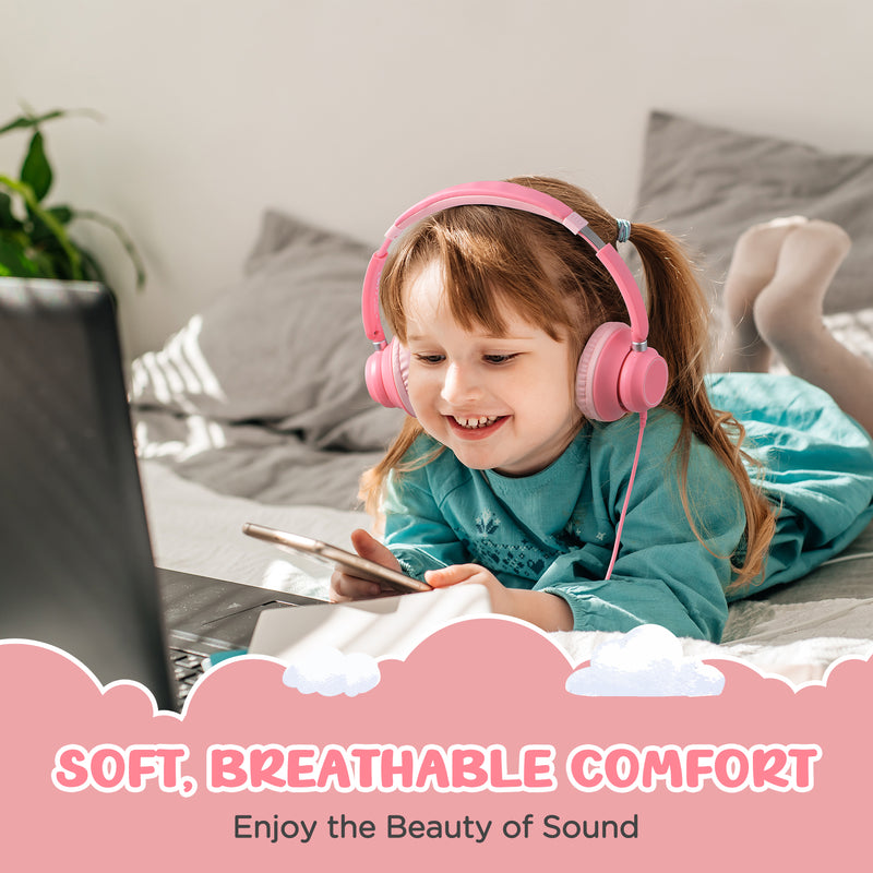 Mpow Kids Headphones with Microphone, 85/94dB Volume Limit, Foldable Over-Ear Stereo Headphones for for Girls & Toddlers, Pink