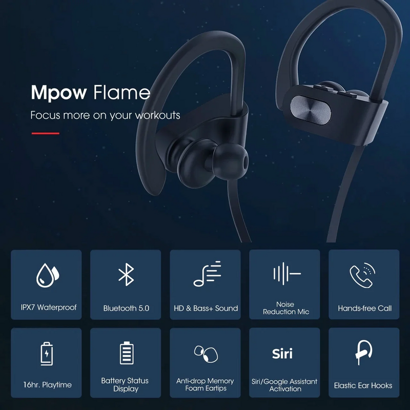 Mpow Flame Bluetooth Headphones, Running Headphones, 16 Hours Playtime Bluetooth 5.0 Wireless Earbuds HD Bass Stereo Sound IPX7 Waterproof Earphones for Workout Running Sports Noise Cancelling Mic