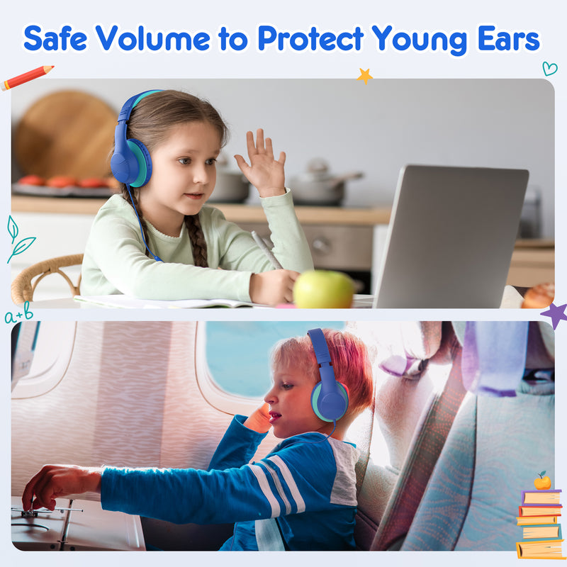 Mpow Kids Headphones with Microphone, 85/94dB Safe Volume Limit, over Ear Headphones for School Travel, Blue