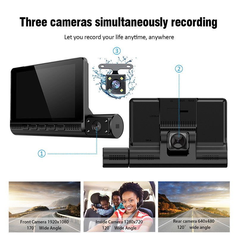 Mpow 4-inch 3-lens touchscreen dashcam with 1080P Full HD, 170° wide-angle, parking monitoring, low-light and night vision, and multiple languages
