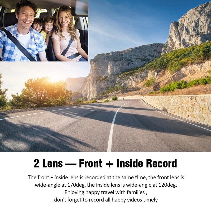 Mpow 4-inch 3-lens touchscreen dashcam with 1080P Full HD, 170° wide-angle, parking monitoring, low-light and night vision, and multiple languages