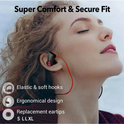 Mpow Bluetooth 5.3 Neckband Sports Earphones with Red and Black Cable Design, Glue-bonded Design, Button Controls, and 12-hour Battery Life