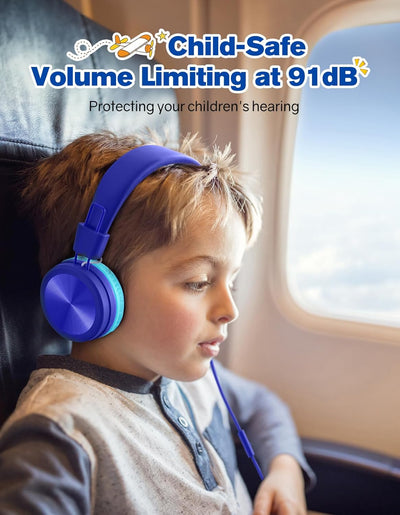 Mpow Kids Headphones with Microphone(2 Pack), Stereo Wired Headphones for Kids 91dB Volume Limited & Share Port, Foldable Adjustable Kids Headphones for School Tablet Airplane