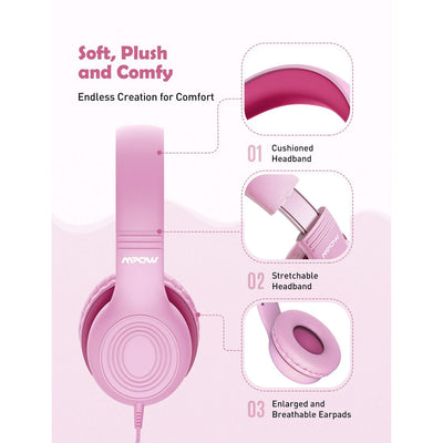 Mpow Kids Headphones with Microphone, Stereo Wired Headphones for Kids 85/94dB Safe Volume with Share Port, Adjustable Foldable Toddler Headphones over Ear Kids Headphones for School, Airplane