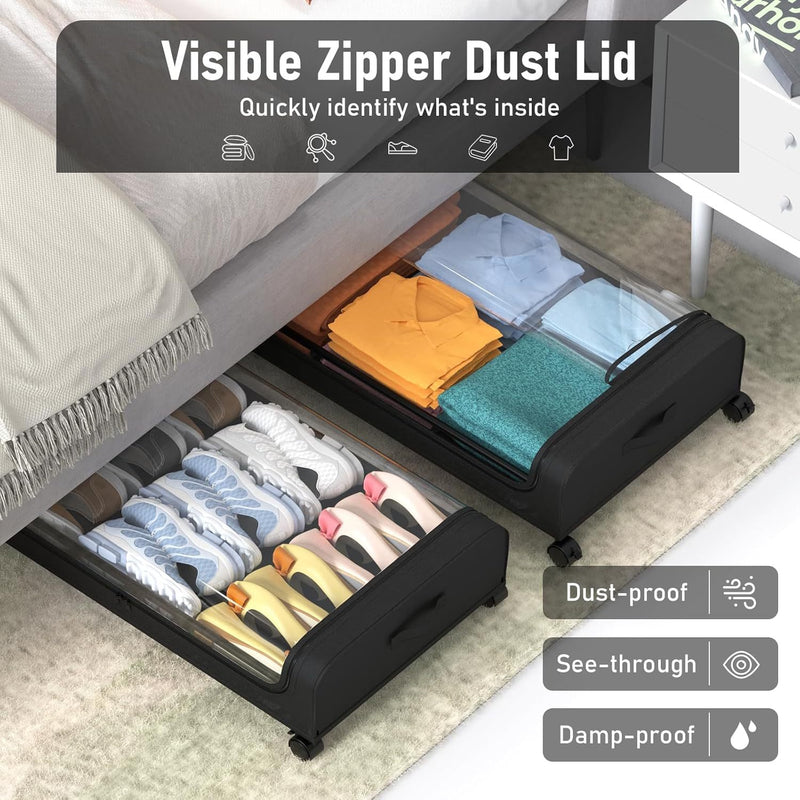 Mpow Underbed Storage Box with 360° Swiveling Wheels, Oxford Fabric + Metal Frame, Clear Window, Large Storage Capacity