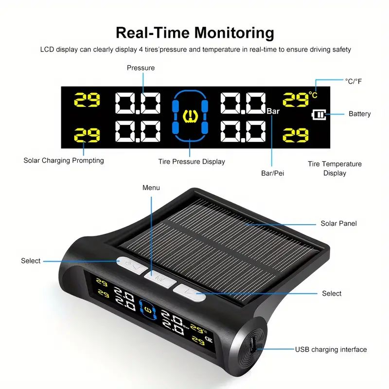 Mpow Solar-powered Car TPMS Tire Pressure Monitoring System with Wireless External Sensor and High-definition LCD for Dual Tire Pressure and Temperature Measurement