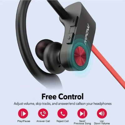 Mpow Bluetooth 5.3 Neckband Sports Earphones with Red and Black Cable Design, Glue-bonded Design, Button Controls, and 12-hour Battery Life